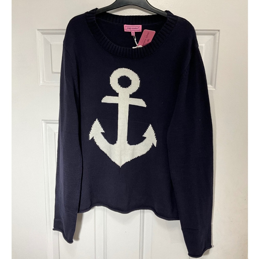 Simply Southern Navy Blue Anchor Knit Sweater Womens XL Nautical Crewneck NWT